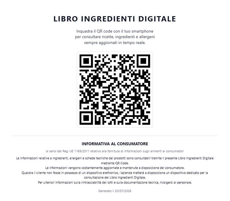 Libro ingredienti digitale con QR Code